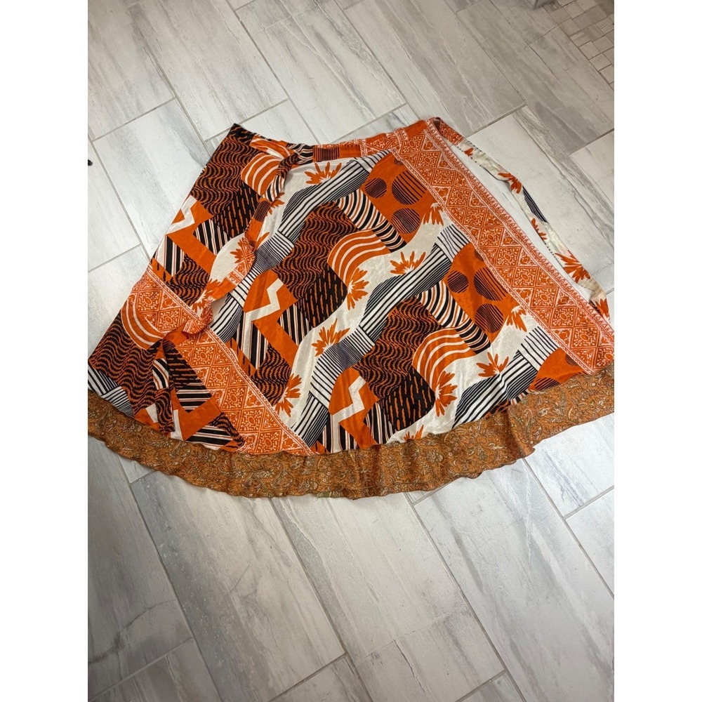 Boho Reversible Wrap Skirt Orange Paisley Geometric Floral Midi Tie Waist OS